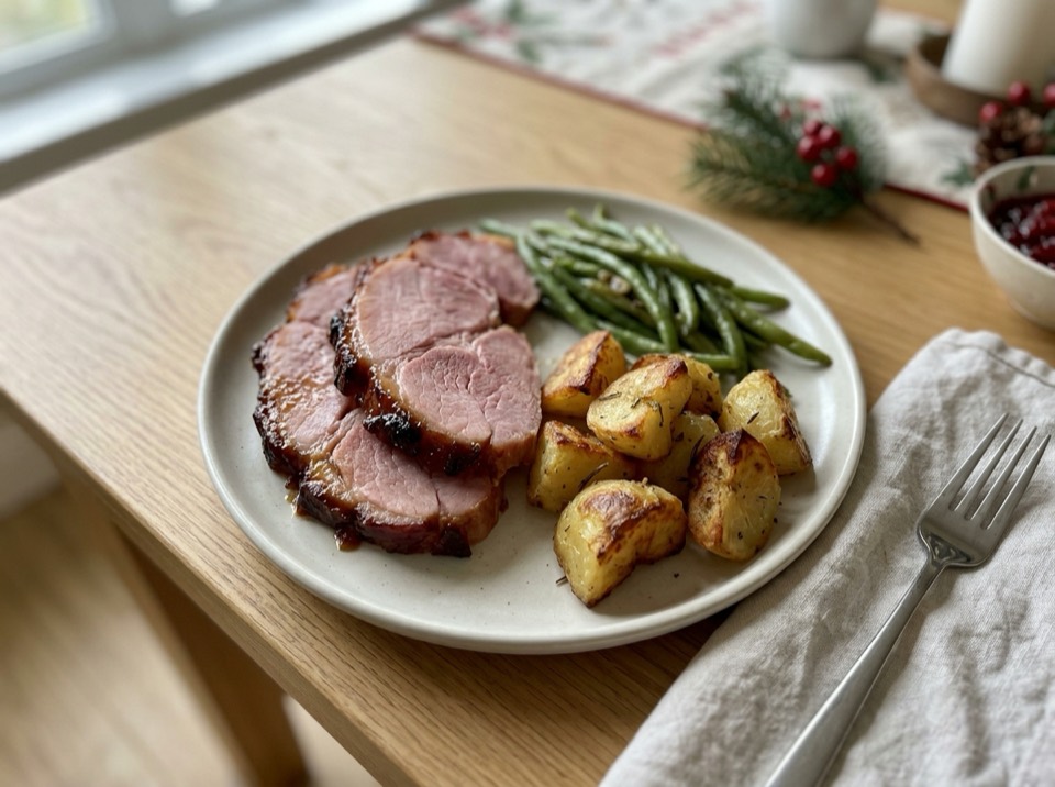 Glazed Christmas ham with roast potatoes and green beans