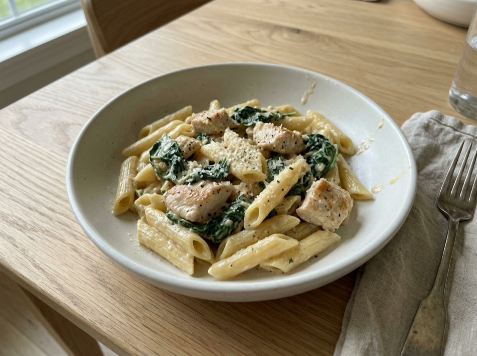 Creamy chicken and spinach pasta in a bowl