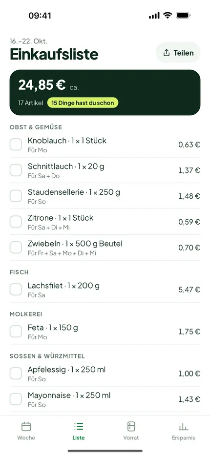 Einkaufen: Was du schon hast, steht nicht drauf. Jede Position mit geschätztem Preis.