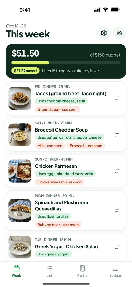 Plan: Set what you want to spend. Every meal is priced before you shop.