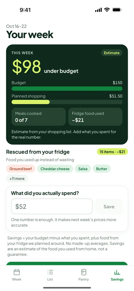 Save: A weekly report with your real numbers. No made-up averages.