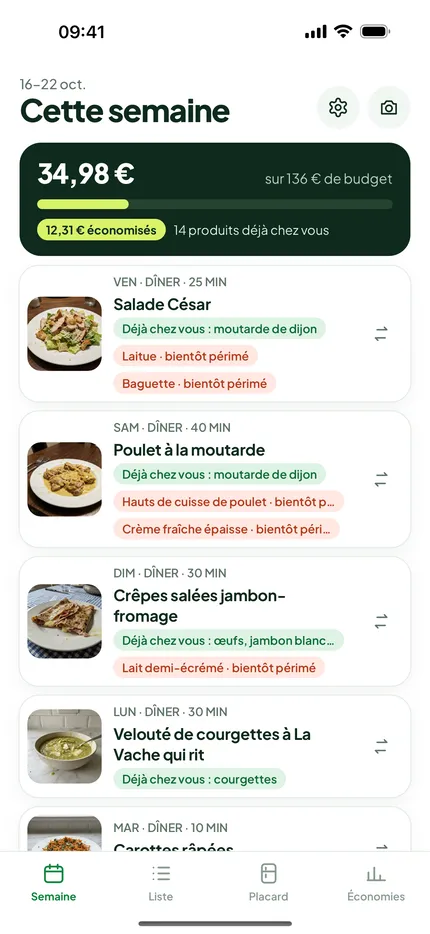 Menus: Fixez votre budget. Chaque repas est chiffré avant les courses.