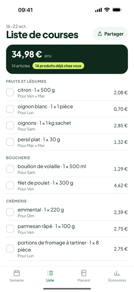 Courses: Ce que vous avez déjà n’y figure pas. Chaque article a un prix estimé.