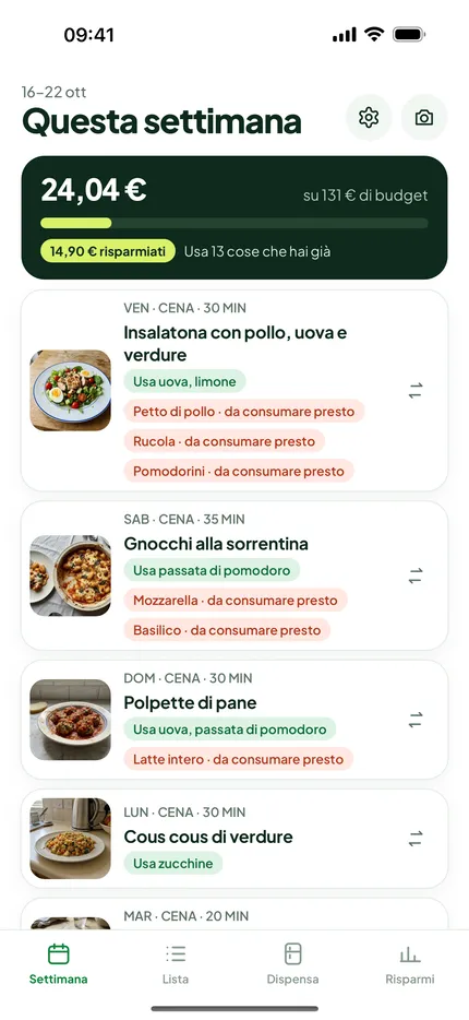 Pianifica: Scegli quanto spendere. Ogni piatto ha il suo prezzo prima della spesa.