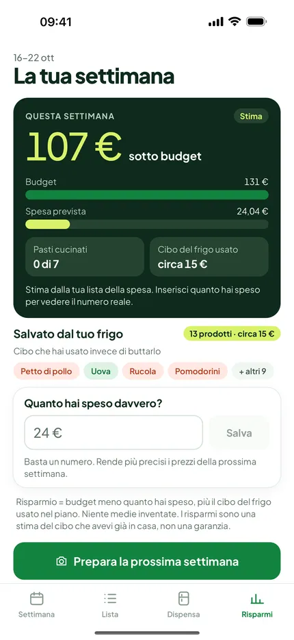 Risparmia: Un resoconto settimanale con i tuoi numeri veri. Niente medie inventate.