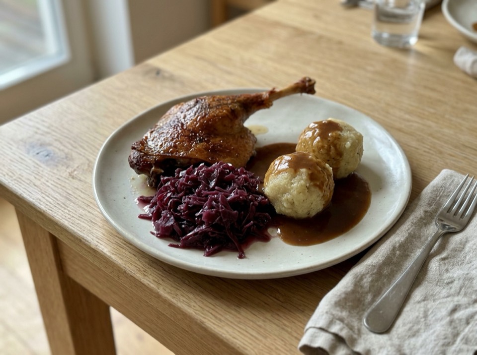 Gänsekeule mit Rotkohl und Klößen