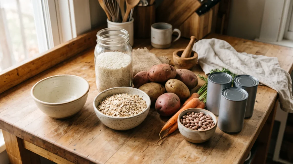 Unbranded rice, oats, beans, potatoes, carrots and plain cans on a home kitchen table