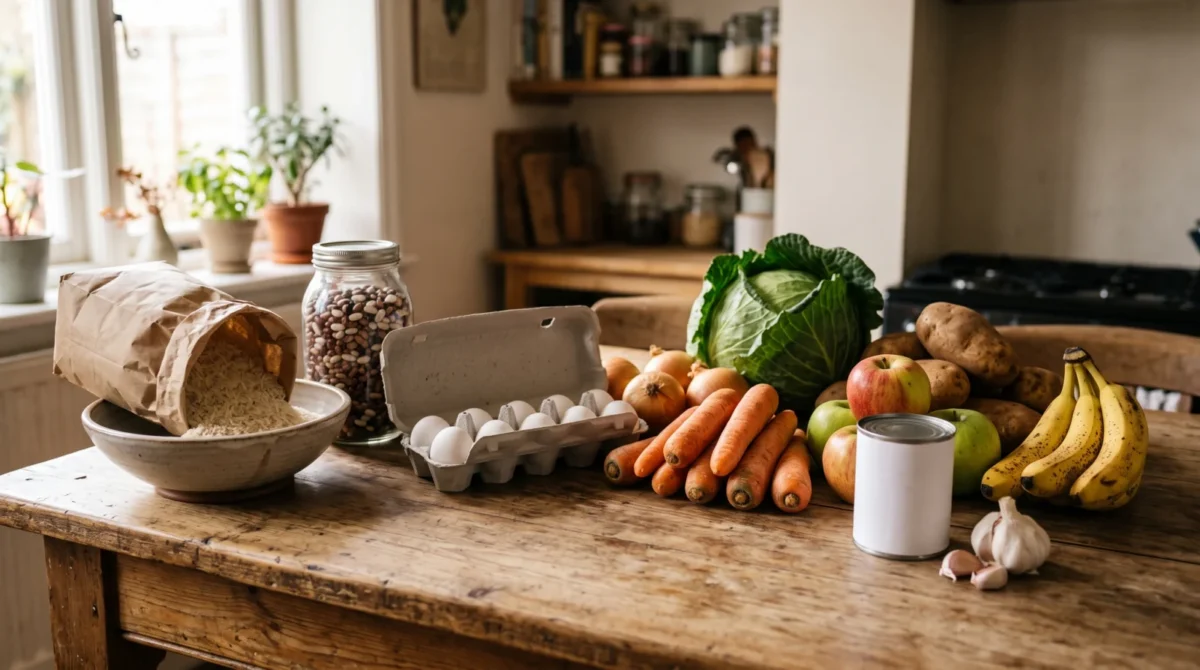 Rice, beans, eggs, cabbage, carrots, potatoes, apples and bananas on a wooden kitchen table