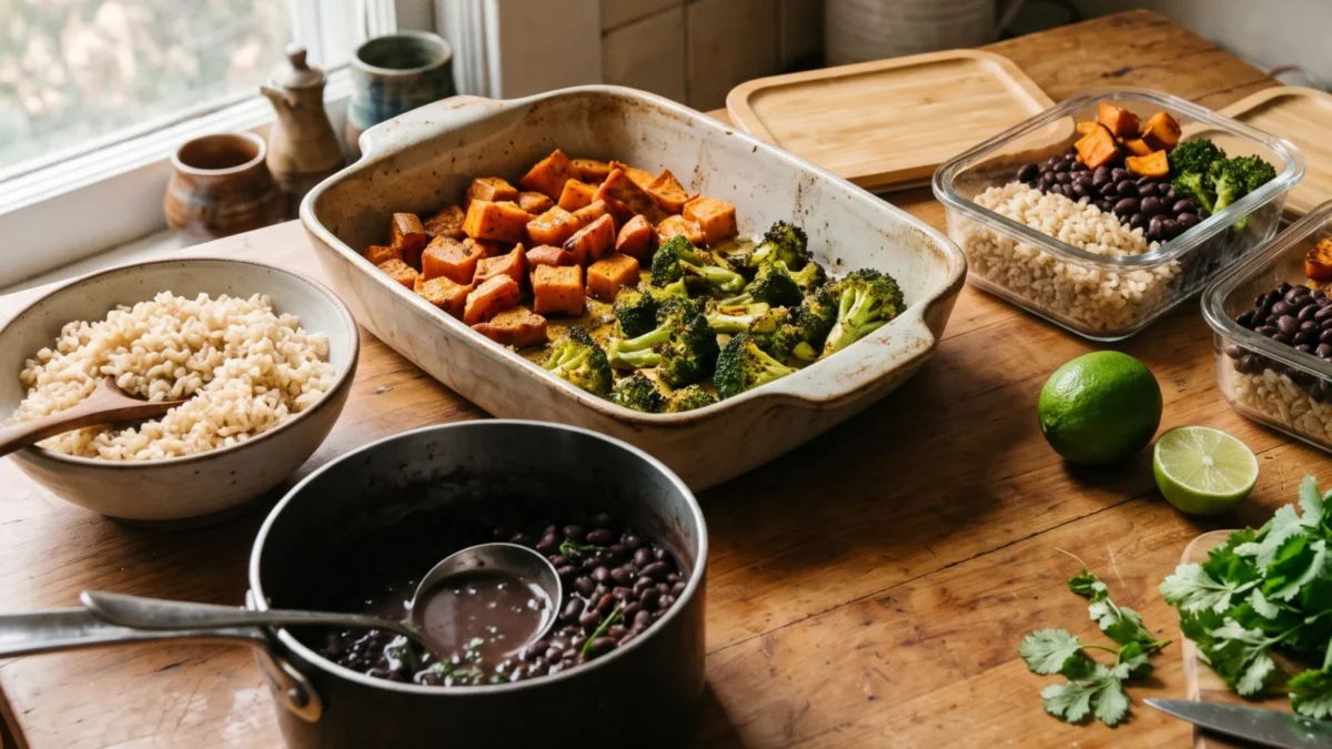 Rice, black beans, roasted sweet potatoes and broccoli being portioned into glass lunch containers