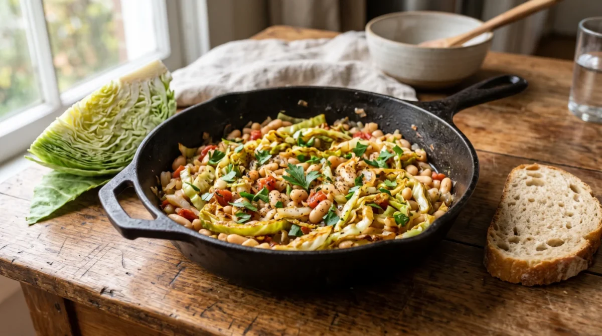 Cabbage and white beans with tomatoes and parsley in a cast-iron skillet, with a cabbage wedge and bread nearby