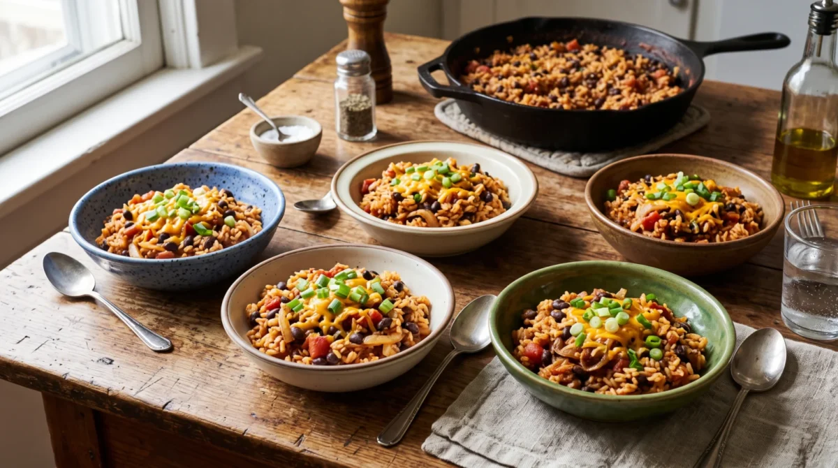 Five bowls of tomato rice and black beans with cheese and green onions on a wooden table beside a skillet
