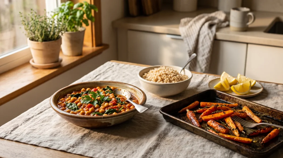 Chickpea tomato and spinach stew with rice, roasted carrots and lemon on a kitchen table