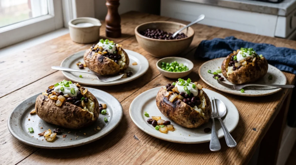 Four baked potatoes topped with black beans, sautéed onions, yogurt and scallions on plates at a wooden table