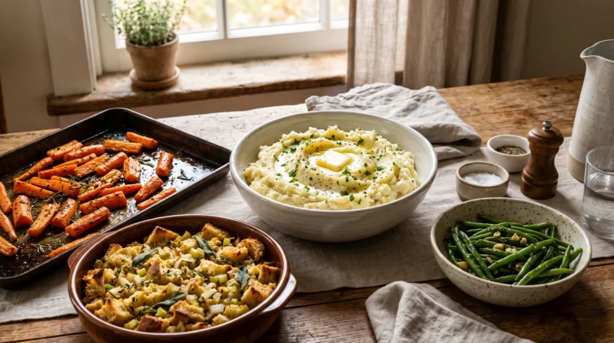 Homemade mashed potatoes, roasted carrots, bread stuffing and green beans on a wooden table