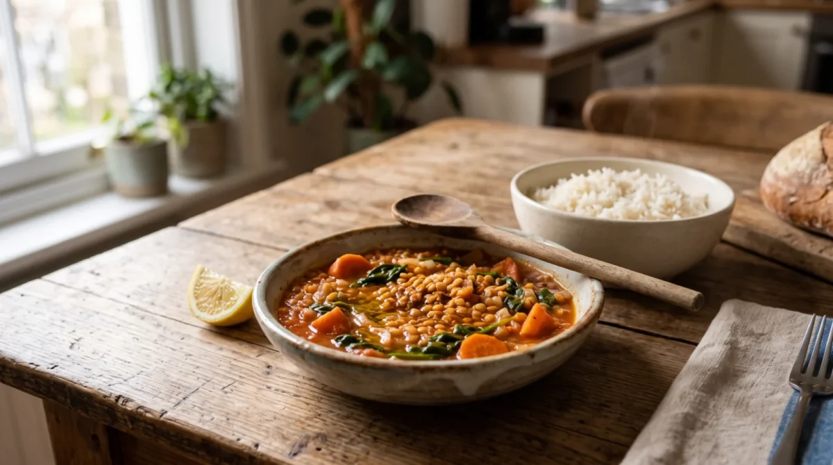 A bowl of tomato lentil stew with carrots and greens beside rice and a lemon wedge