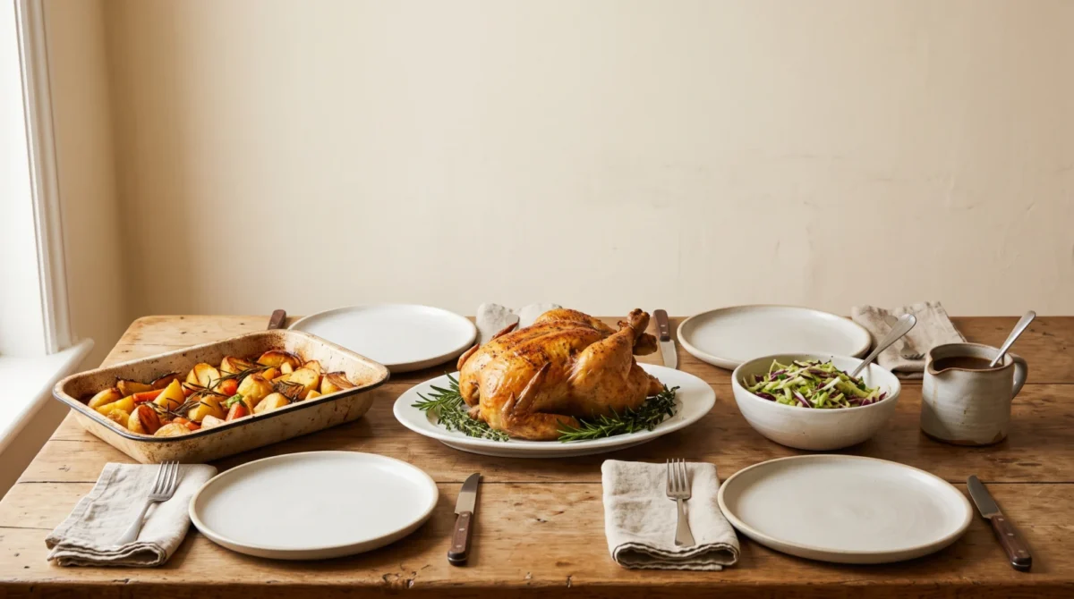 Roast chicken, potatoes and carrots, cabbage slaw and gravy on a simple Christmas table
