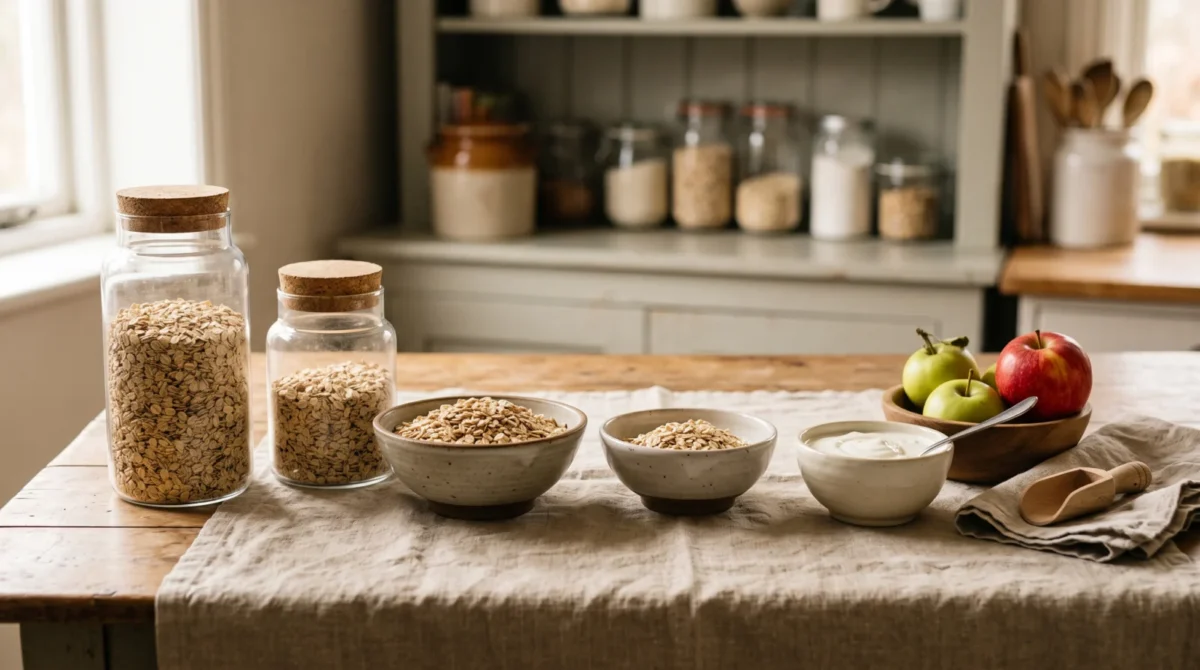 Two clear jars and two bowls of rolled oats beside yogurt and apples on a kitchen table
