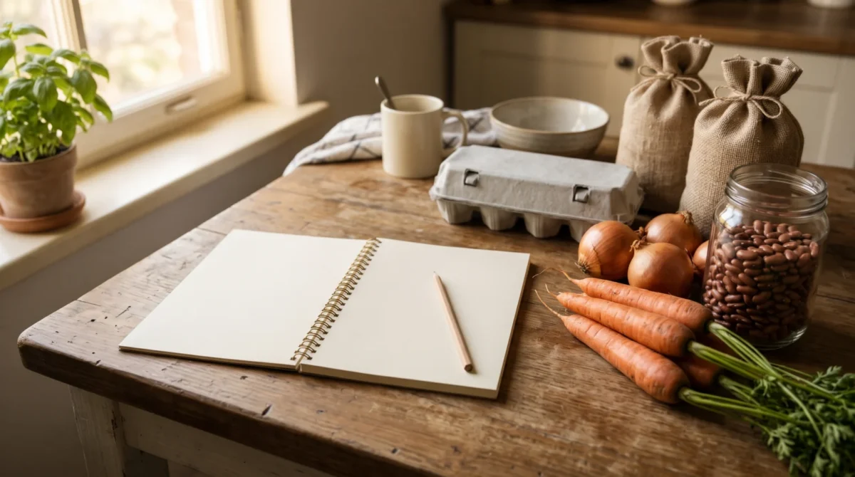 An open blank notebook and pencil beside carrots, onions, eggs and a jar of beans on a kitchen table