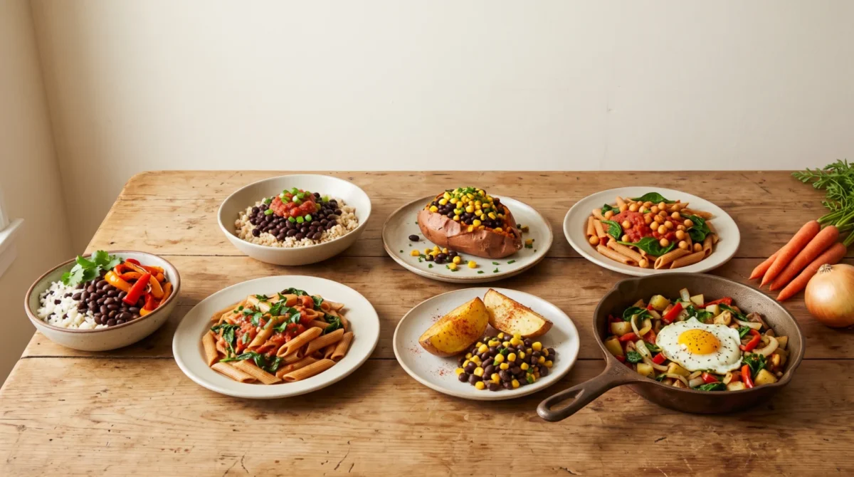 Seven home-cooked dinners with rice, beans, pasta, potatoes and vegetables on a wooden table