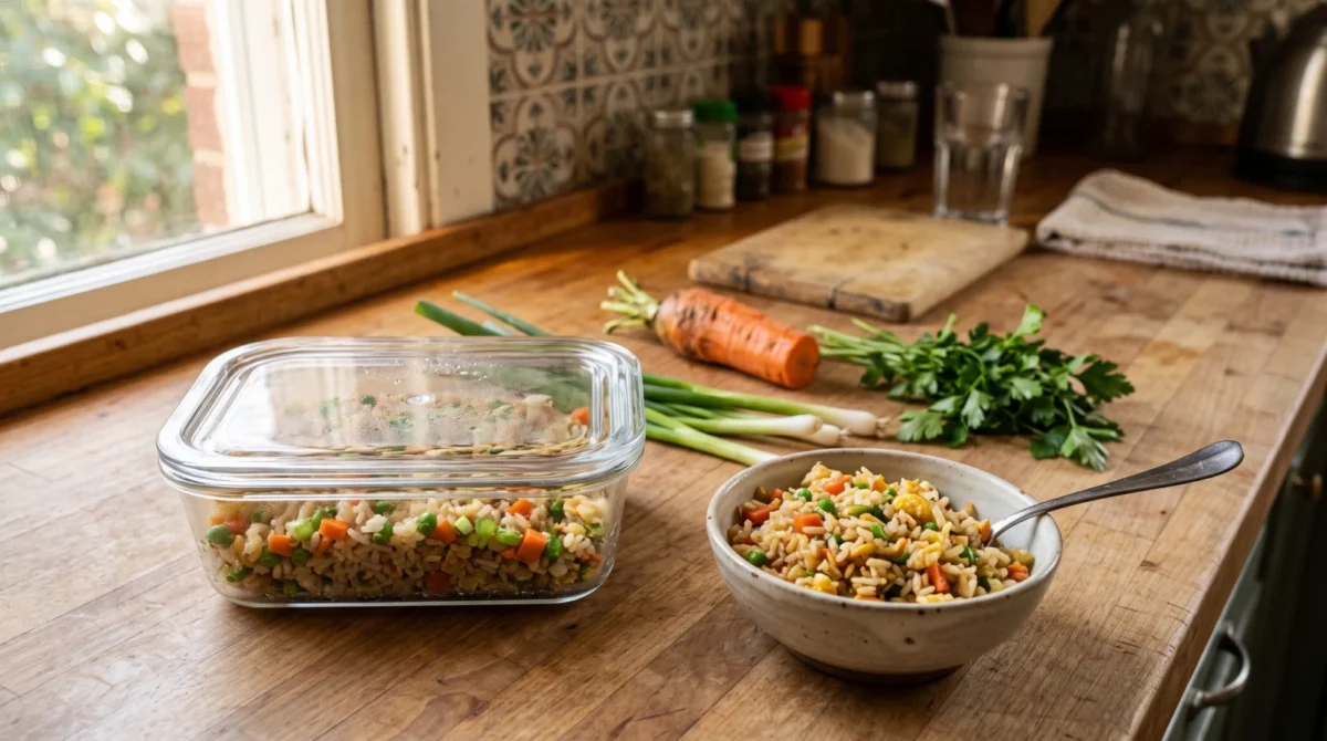 Vegetable fried rice in a glass storage container and bowl beside carrots, scallions and parsley on a kitchen counter
