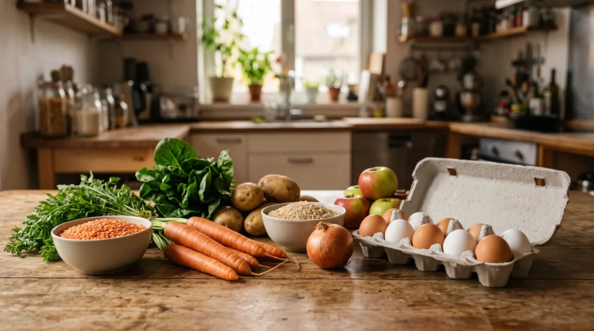 Carrots, spinach, potatoes, lentils, rice, apples and eggs on a kitchen table
