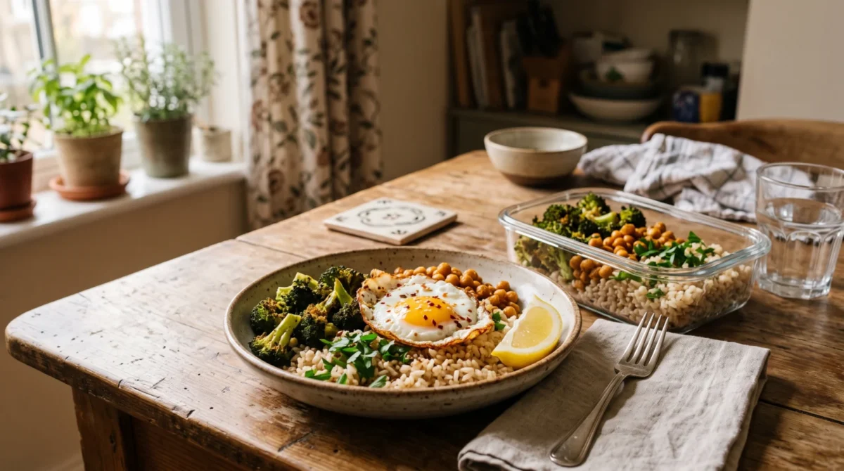 Rice bowl with roasted broccoli, chickpeas and a fried egg beside a container holding another portion