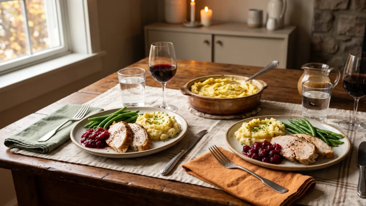 Two plates of sliced turkey, mashed potatoes, green beans and cranberry sauce at a small Thanksgiving table