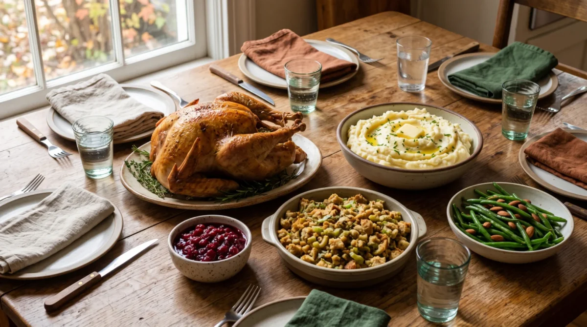 Roast turkey, mashed potatoes, stuffing, cranberry sauce and green beans on a home dining table