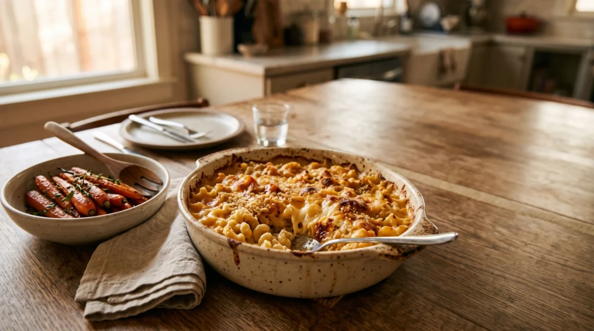 Baked macaroni and cheese beside a bowl of roasted carrots on a wooden table