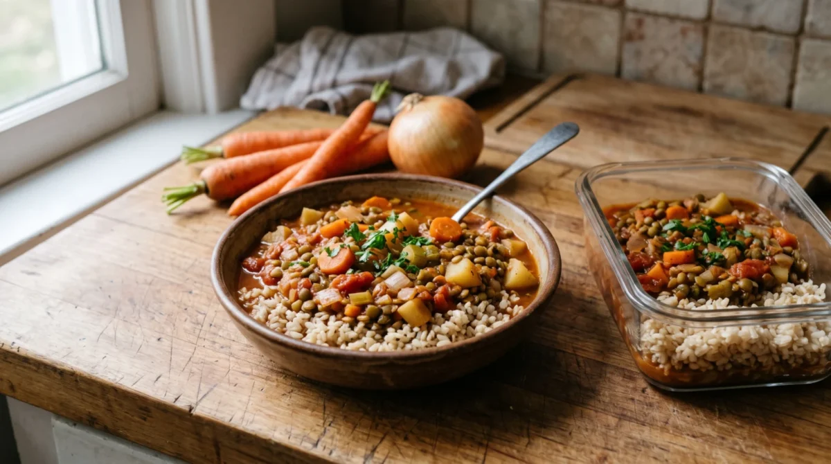 Bowl of tomato lentil stew over rice beside a glass container of a second serving, with carrots and an onion on the counter