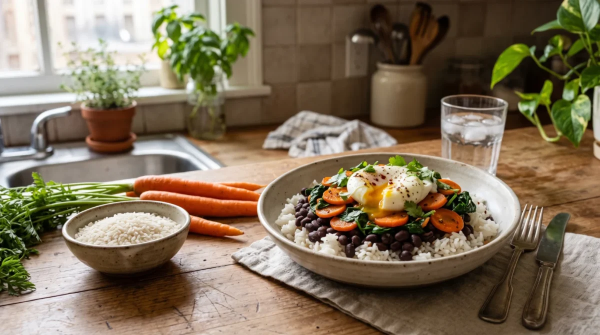 A bowl of rice, black beans, sliced carrots and spinach topped with an egg beside uncooked rice and whole carrots