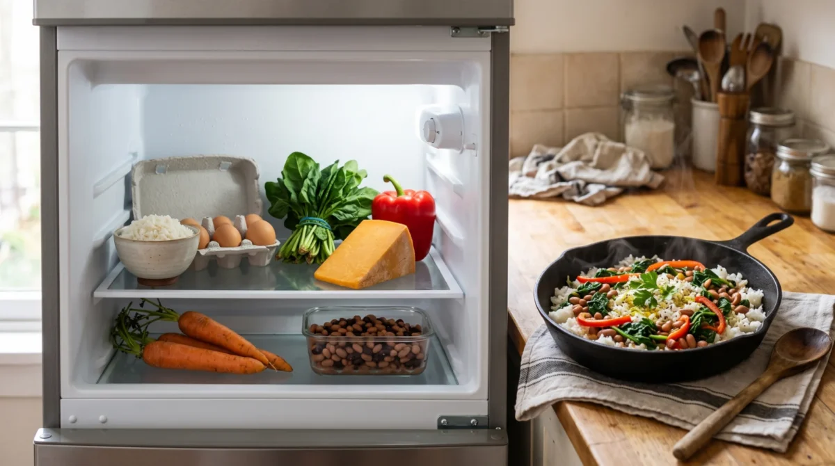 Open fridge with spinach, eggs, carrots, beans and cheese next to a skillet of rice, beans and vegetables