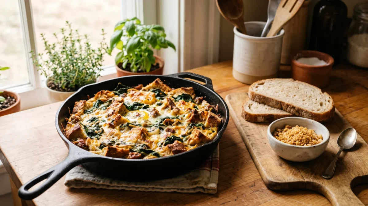 Skillet of savory bread, egg and spinach bake beside plain bread slices and a bowl of crumbs