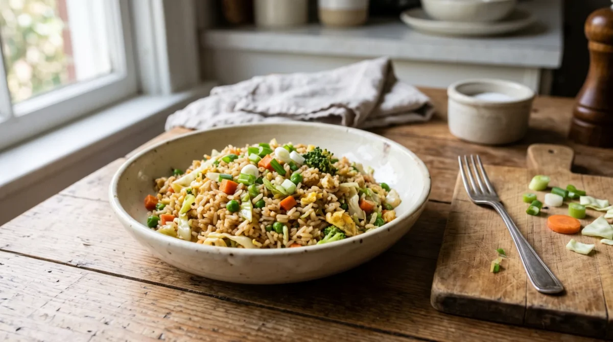 A bowl of vegetable fried rice with carrots, peas, cabbage, broccoli and scallions on a wooden kitchen table.